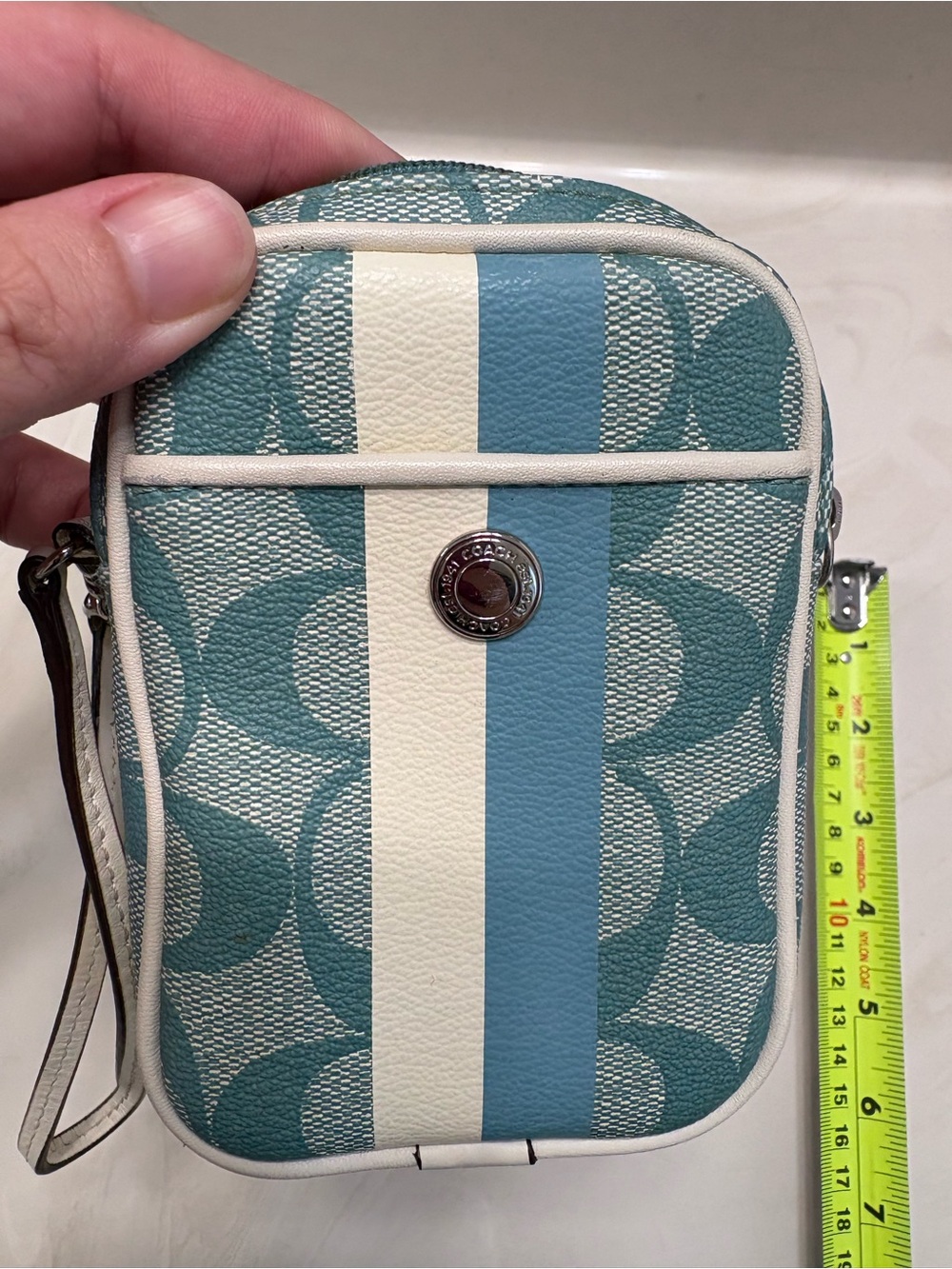 Coach Signature Wristlet Pouch - Teal / Blue Striped